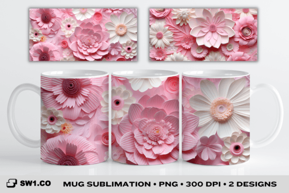 3D Paper Art Pink Flower Mug Wrap 15oz Graphics and Crafts