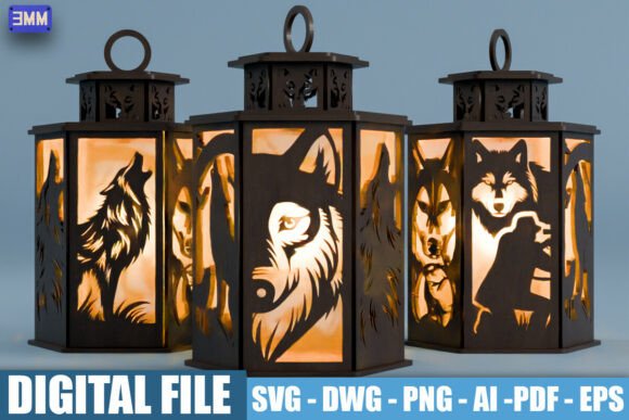 3D Wolf Wildlife Lantern SVG DXF for Laser Cutting Stands
