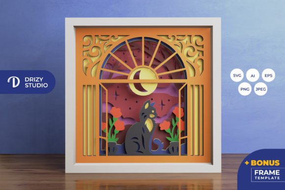 Cat on the Window with Full Moon 3D SVG and Shadow Boxes
